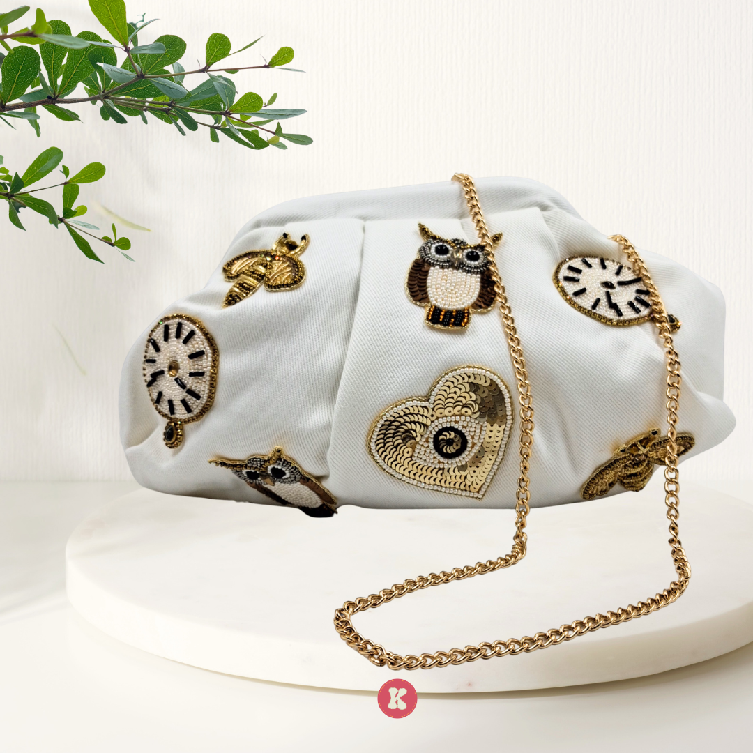 Vintage Clock & Owl Print Clutch