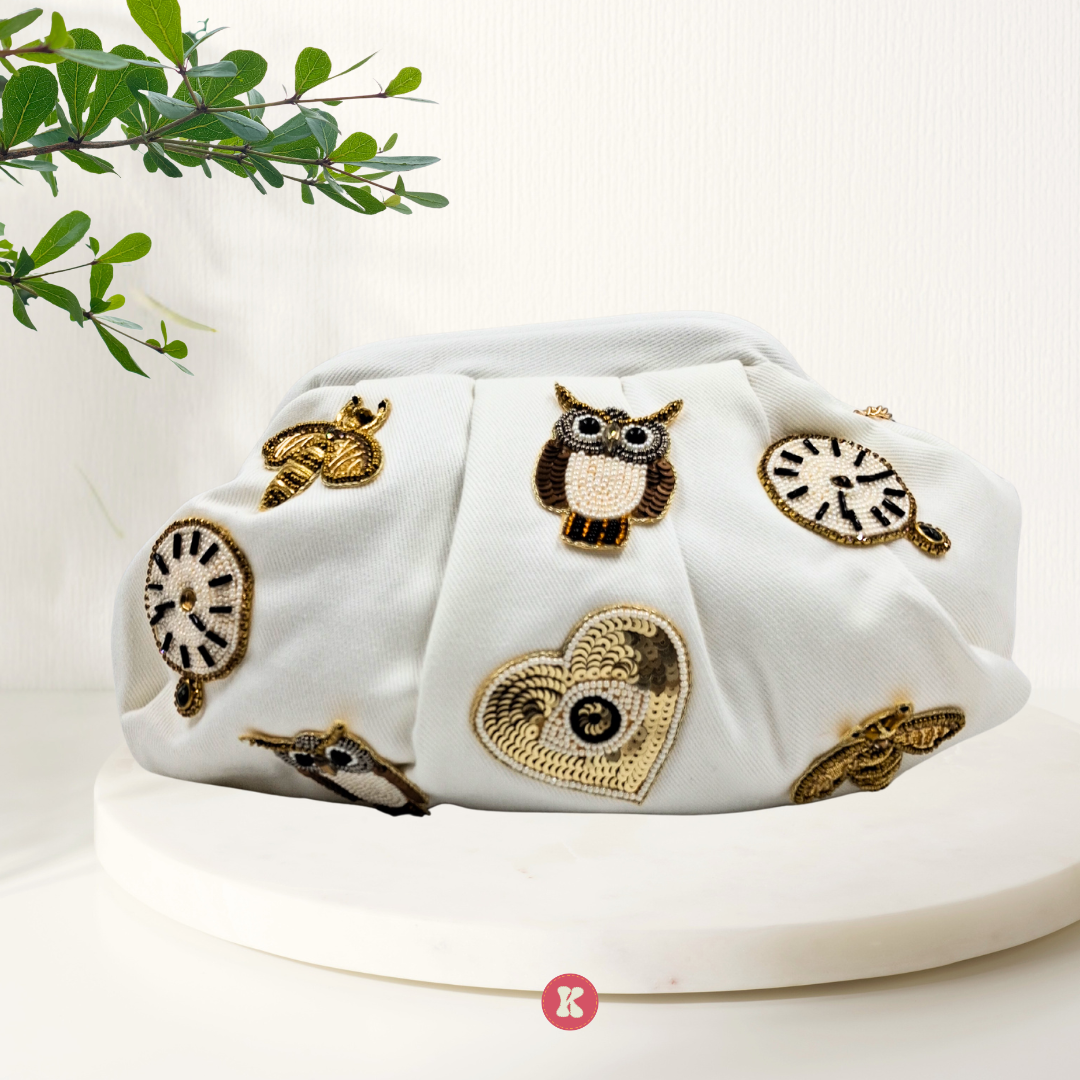 Vintage Clock & Owl Print Clutch