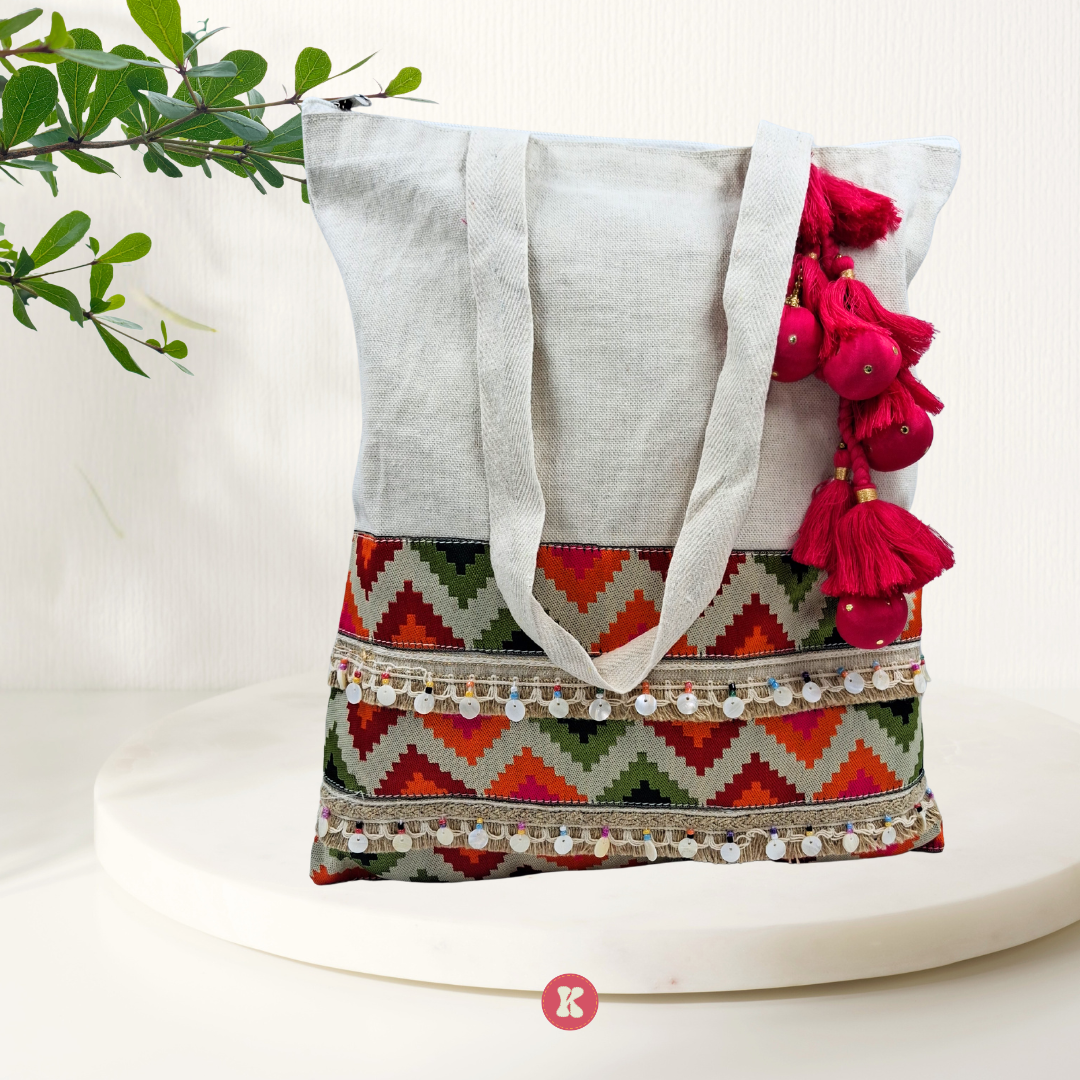 Cotton Tote Bag with Pink Tassels