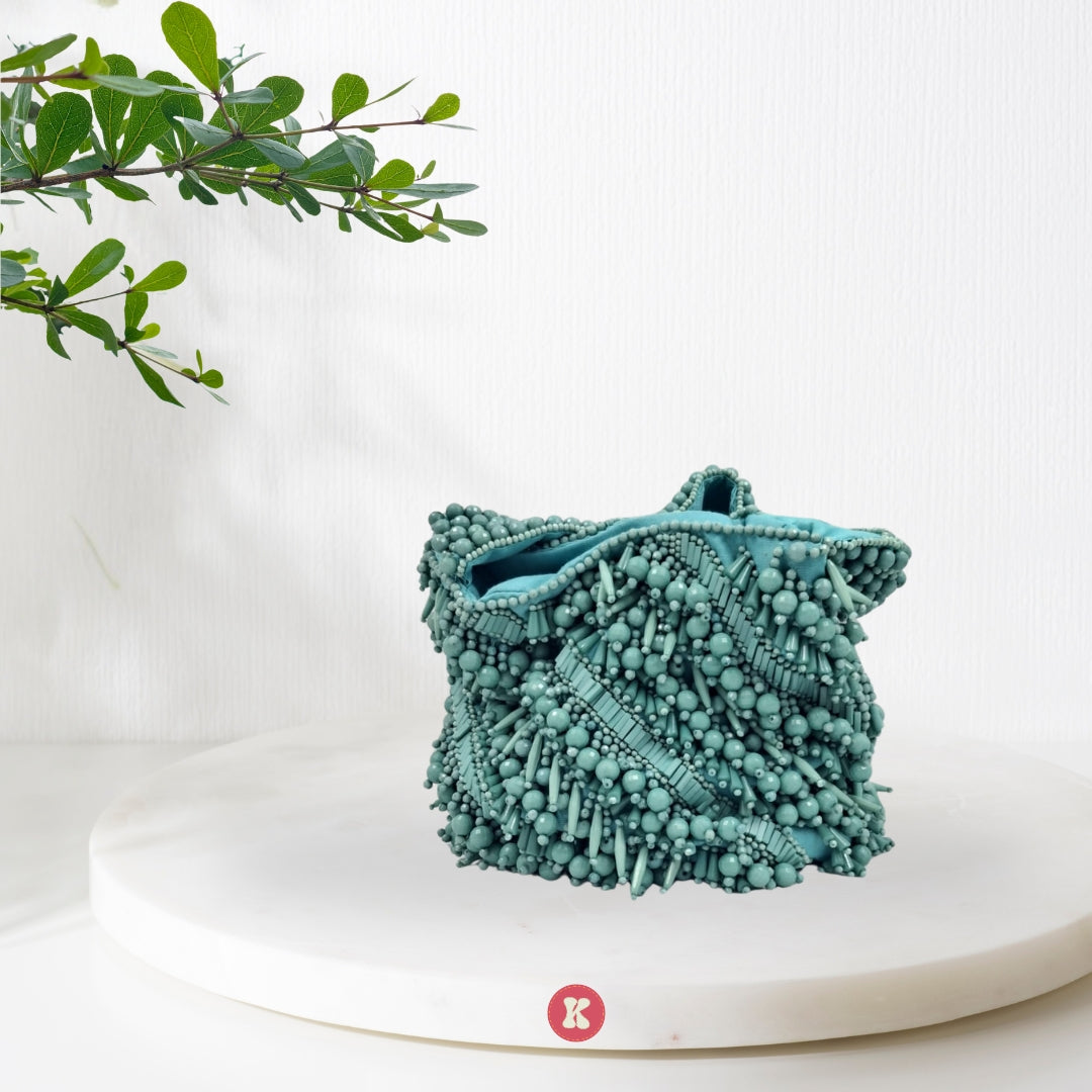 Aqua Beaded Fringe Potli