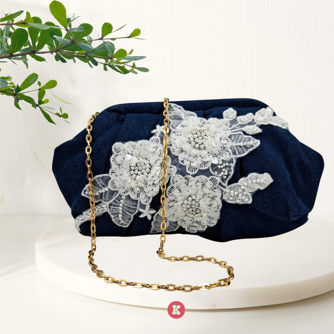 Navy Lace Floral Clutch