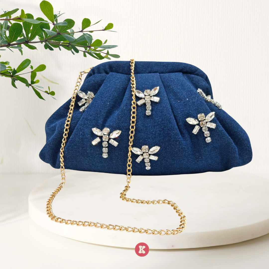 Denim Dragonfly Crystal Clutch