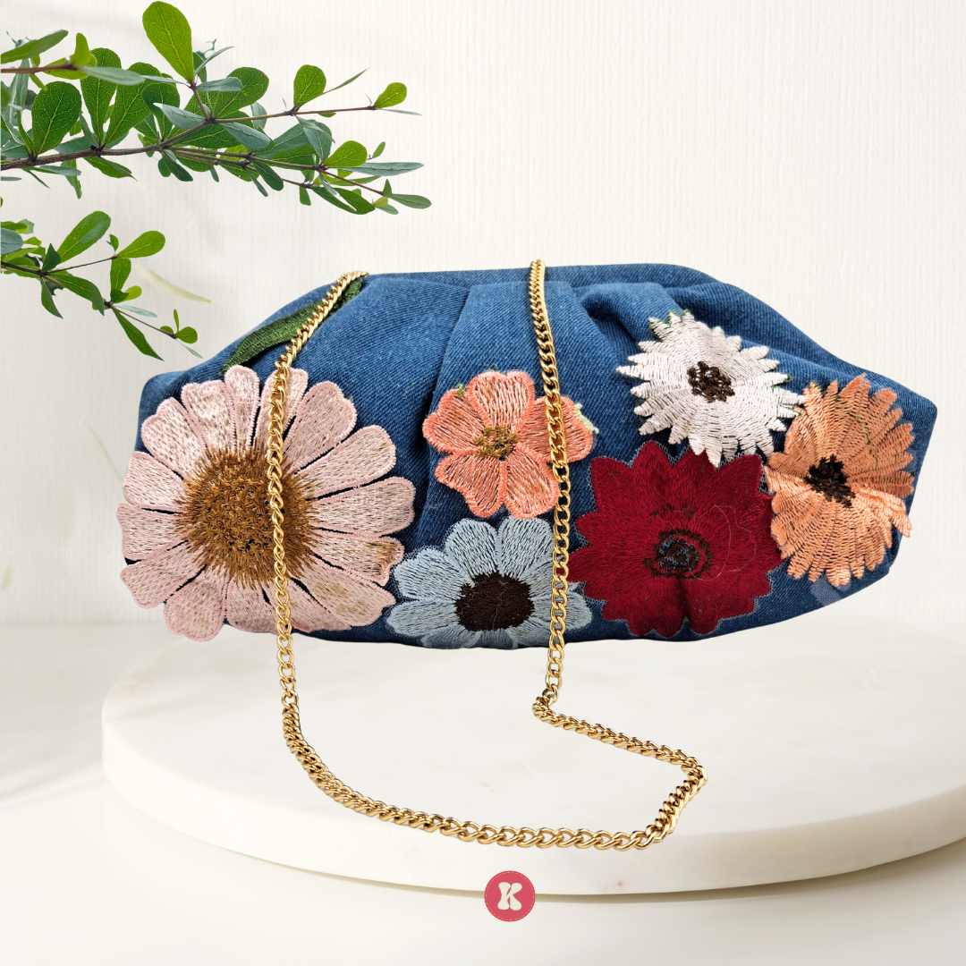 Floral Embroidered Blue Clutch