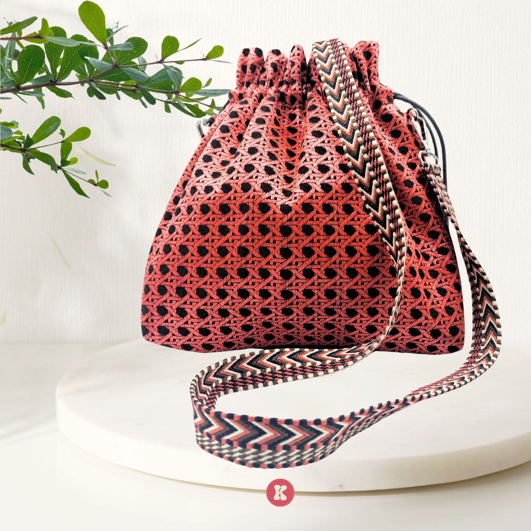 Coral Crochet Drawstring Bag