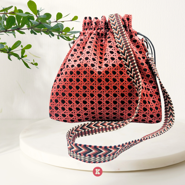Coral Crochet Drawstring Bag