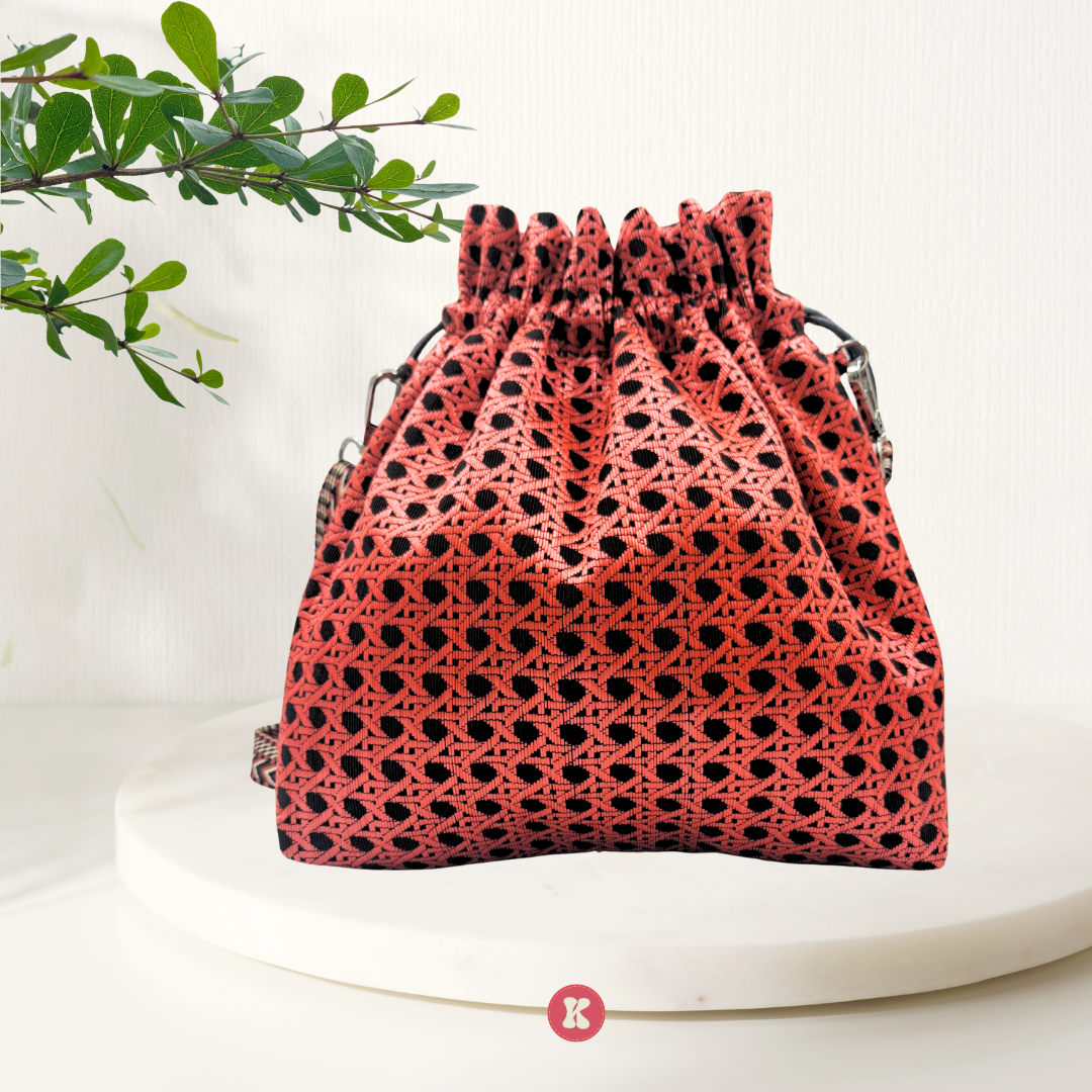 Coral Crochet Drawstring Bag