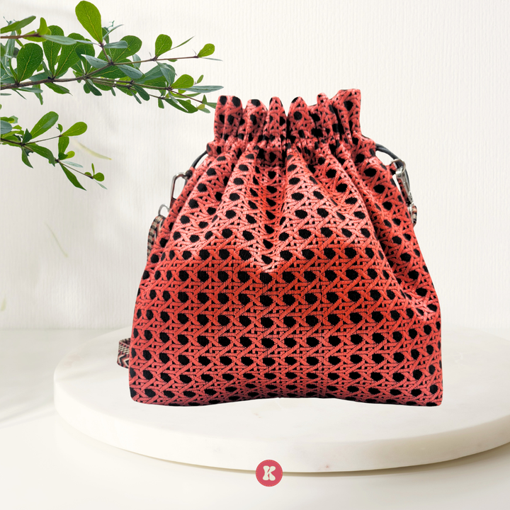 Coral Crochet Drawstring Bag